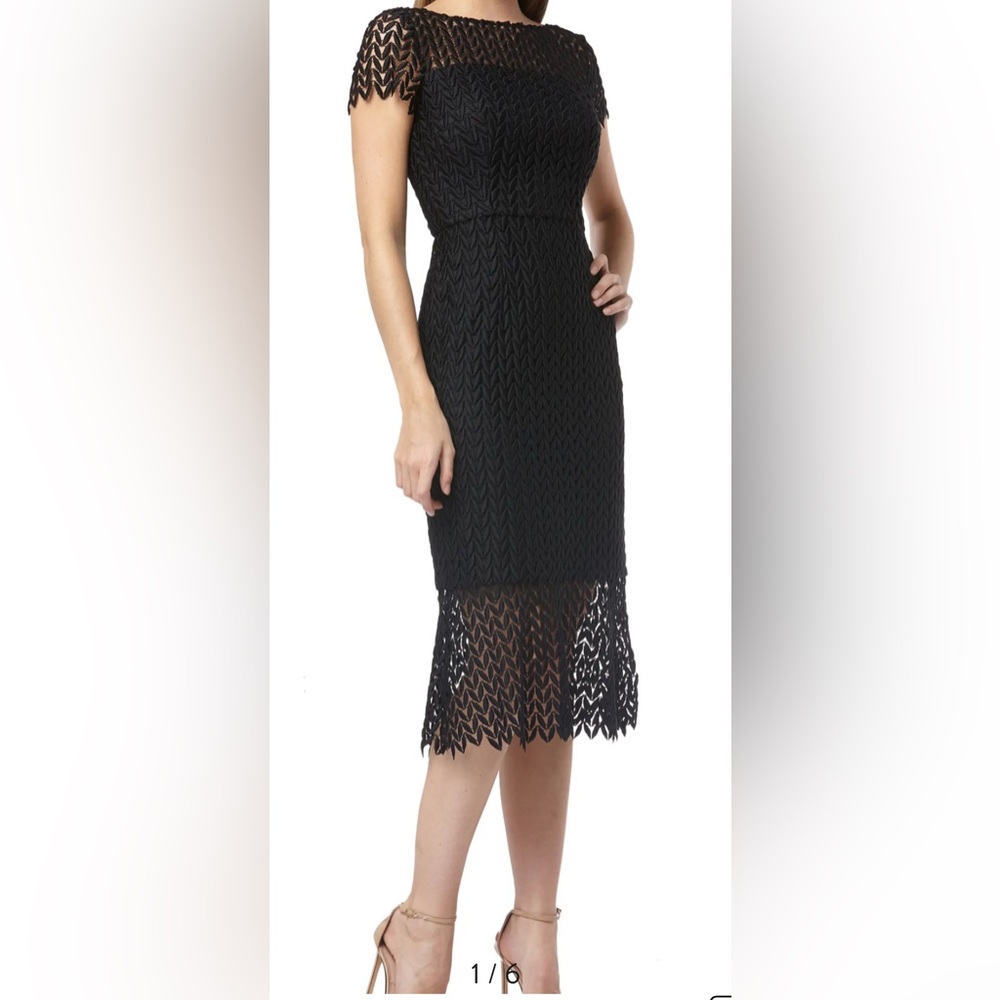 Kay Unger New York Black Tatum Floral Lace MIDI Dress Lined Size 8 Back Zip